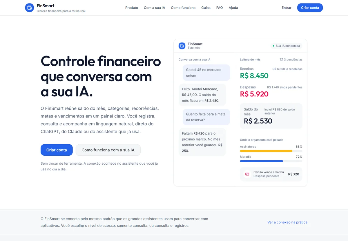 Página oficial do FinSmart com visão de finanças e conexão com assistentes de IA