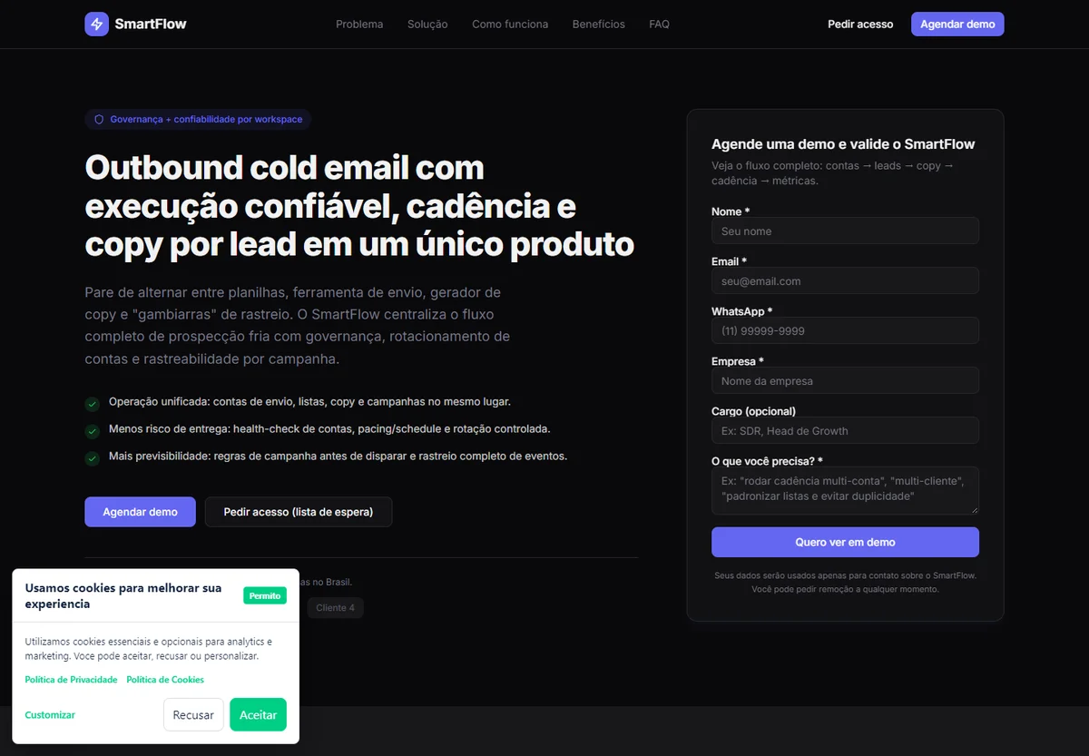 Página oficial do SmartFlow com apresentação da plataforma de prospecção